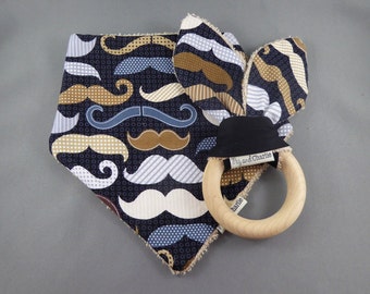 Gift Set - Bandana Dribble Bib and Teething Ring - Hipster Moustaches