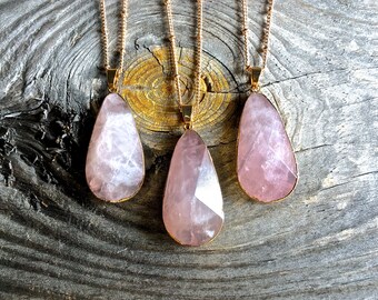 Raw rose quartz necklace 14k gold rose quartz jewelry large rose quartz pendant sterling silver Healing rose quartz necklaces Rose crystal