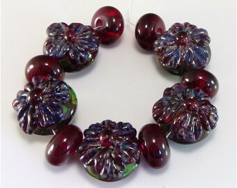 Handmade Lampwork Bead Set - Pink Red Blue Green Floral Set of 11 SRA
