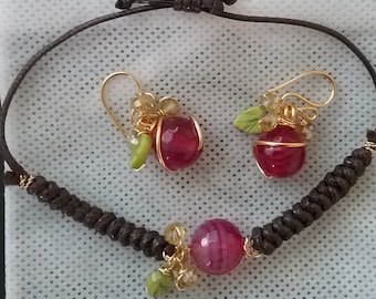 Set of agate earrings and leather woven agate bracelet armband wristband