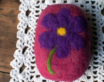 Felted soap, Pink felted soap with a violet flower