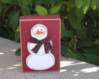 RED SNOWMAN BLOCK for Christmas, Winter, Noel, shelf, desk, office, mantle and home decor