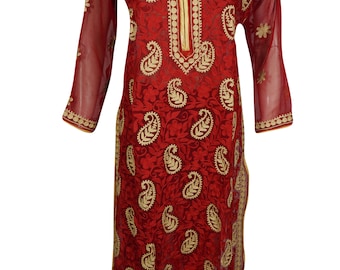 Sexy Red Beautiful Full Floral Embroidered Long Sleeves Sheer Bohemian Fashion Cover Up Ethnic Indian Kurtis Dress M