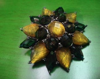 Vintage 1990s Emerald Green And Gold Star Burst Brooch