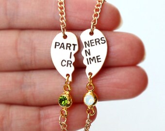 PARTNERS IN CRIME bracelet, birthstone friendship bracelet set, sister bracelet, best friends, best bitches, broken heart, sisters jwelry