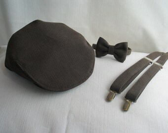 Brown Herringbone Newsboy Cap Suspenders Bow Tie Set, Brown Tan Herringbone Cap, One Year Old Birthday, Herringbone Suspenders Bow Tie