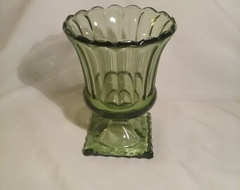 Green Glass Vase Square Pedestal Planter with Scalloped Edges
