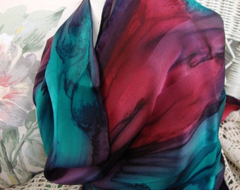 Scarf, Silk, Women, Hand Dyed, Silk Scarf, Plum, Silk Teal, and Autumn Red