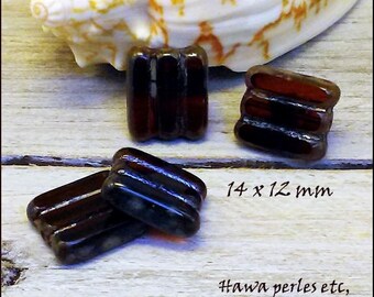4 beads Czech Picasso glass pattern "Stripe" 14 "Rectangle" x 12 mm Brown