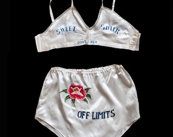RESERVED--Rare! 1940s WWII Lingerie Set / 40s Novelty Bra Panties / Embroidered "Off Limits" "Sweet Sour Don't Touch"