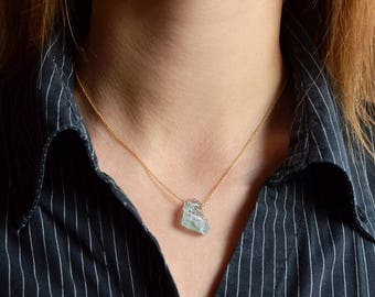Raw Aquamarine necklace, Rustic March Birthstone, Raw Crystal Necklace, Rough Blue Gemstone Necklace: 14K Rose Gold Filled Sterling Silver