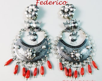Federico~Huge/Pronounced~Dove/Coral/ Pearl~925~Dangle CLIP Oaxaca Earrings~Free Shipping