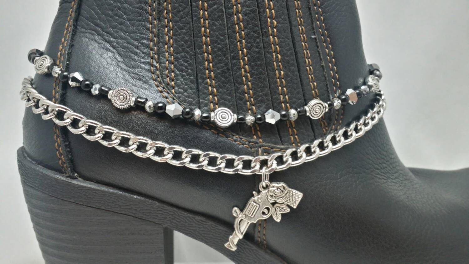 Boot Bling Anklet Bracelet Thick Chain Silver Crystals Black