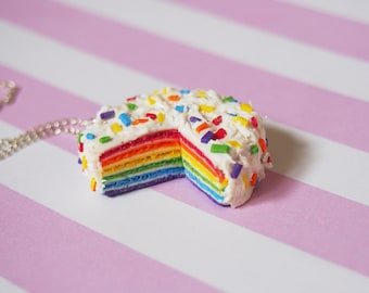 Rainbow Cake Pendant ( rainbow necklace kawaii jewelry mini food jewelry miniature food polymer clay food jewelry mini food necklace )