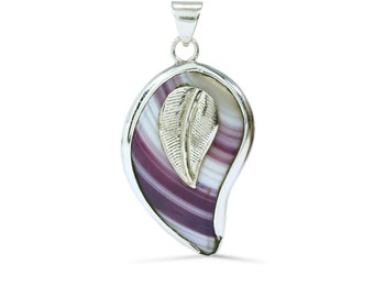 Natural Agate Stone Leaf Pendant in 925 Sterling Silver with cabochon gems,This Pendent is hand-made