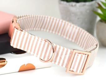 Rose Gold Dog Collar - Metallic Rose Gold and White Striped Cotton Fabric Dog Collar - Fashion Dog Collar - Rose Gold Metal Hardware