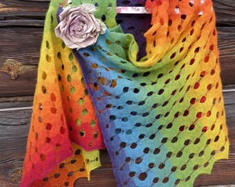Wool knitted shawl Handknitted lace shawl rainbow shawl Stole Shawl Rainbow. Fine wool.