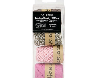 Pink and Brown Raffa by Artbene mixed box of 4 , Pretty packaging for gift wrapping, Crafting raffia and twine in a box