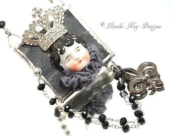 The Queen Soldered Wearable Art Doll Necklace China Doll Face Rhinestone Crown Pendant or Decoration Mori Girl Lorelie Kay Designs