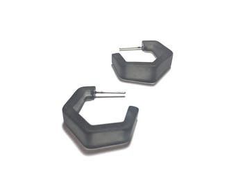 Charcoal Grey Hoops Earrings | Frosted Tapered Hex Hoops | mod lucite hoop earrings
