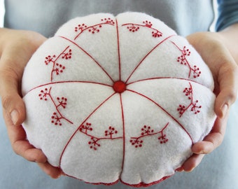 Jumbo Embroidered Pin Cushion ~ Large Red Pincushion ~ Extra Large Felt Pincushion ~ Hand Embroidered Berries Pin Cushion