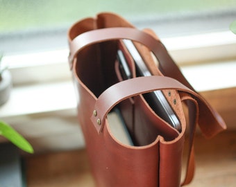 Leather Laptop Bag - Brown Leather Tote - Leather Tote, Laptop Bag, Leather Tote with Pockets, Leather Handbag, Tote w/ Pockets, Laptop Tote