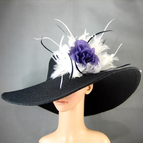 BLACK Kentucky Derby Hat with Lavender Rose and White