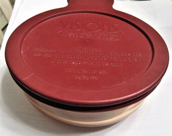 Amber Corning Visions Heat N Eat Maroon Secure Plastic Lid, Lunch To Go Dish, Food Storage, Cook, Microwave, & Oven, Vtg 1980's Visions