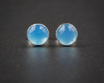Pale blue chalcedony stud earrings pale blue chalcedony and sterling silver cabochon stud gemstone earrings blue earring blue silver jewelry