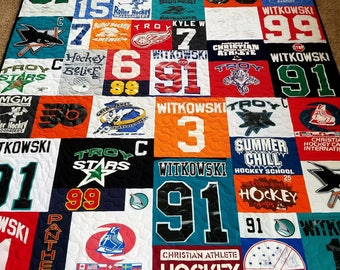T-shirt quilts made from 10-55 t shirts. Mosaic tshirt quilt. Memory Puzzle tee shirt quilt. Deposit only!