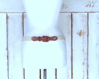 Vintage tan/light brown elastic stretch chord leather belt/woven chord elastic belt/32
