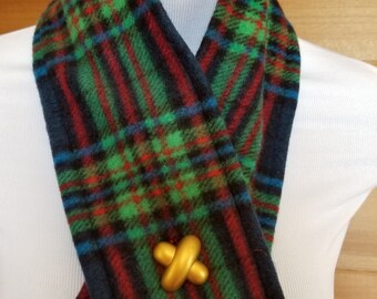 Green, Blue, Red Neck warmer, scarflette with vintage big brass-like button