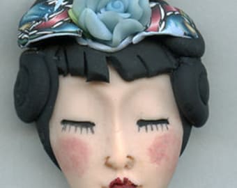Polymer Clay OOAK Detailed Asian Art Doll Face with Hair Cab AWHR 4
