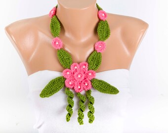 Crochet lariat necklace scarf ,flower necklace scarf