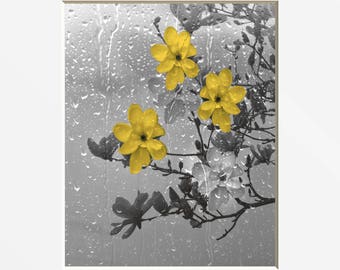Yellow Gray Bathroom Wall Art, Yellow Flowers, Raindrops, Decorative Home Decor Wall Art Matted Picture