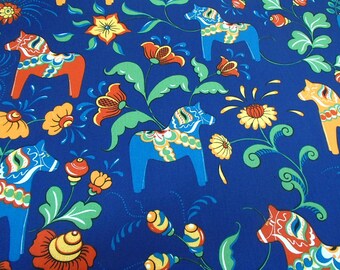 Scandinavian Swedish Dala Horse & Flowers Navy Fabric
