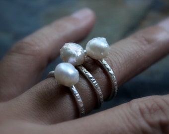 Natural White Baroque Pearl Sterling Silver Ring |June Birthstone | Alternative Engagement Women's Bridal | Gugma Minimalist Jewelry