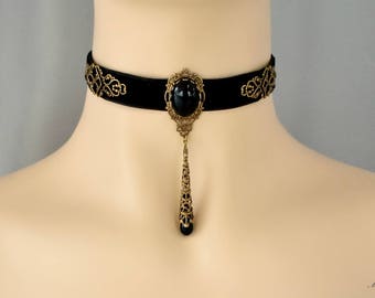 Black velvet gothic victorian choker with black agate gem