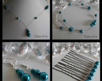 Set of 4 wedding pieces blue Peacock pearls cascade