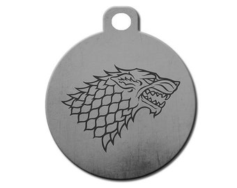 Cute Custom Pet ID Tag - Direwolf - on the front, your contact info on the back