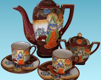 Vintage Japanese Moriage Satsuma Demitasse Set Handpainted Porcelain Japan