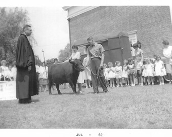 Vintage Snapshot "Grade School Pageant" 1960's Blessing Of The Steer Priest Found Vernacular Photo