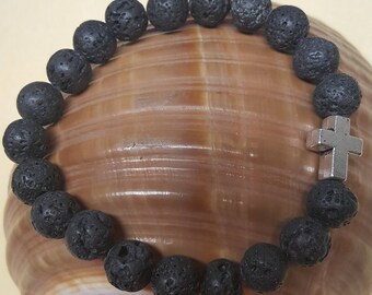 Lava Stone and Pewter Cross Bracelet