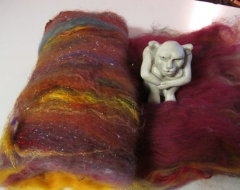ROOSTER 4.0 oz, Spinning fiber art batt, carded wool batt, sari silk, batt, textured bling batt, Angelina fiber, felting fiber, roving
