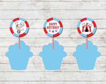 Cupcake Toppers - Circus Carnival Theme Birthday Party - Red and Blue - Party Circles - INSTANT DOWNLOAD - Printable