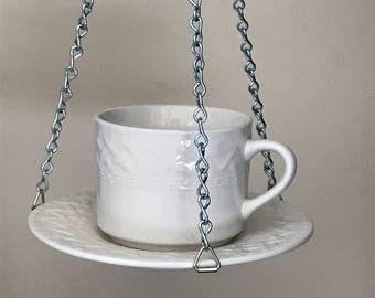 Tea Cup Bird Feeder, White Lattice