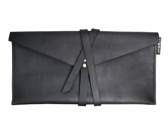 Leather Wrap Clutch, Black Leather Handbag