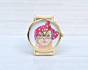 Cat gift. Cat jewelry. Cat lover. Cat watch. Women watch. Crazy cat lady. Cat with glasses. Tabby cat. Unique gift for woman. Gift for her