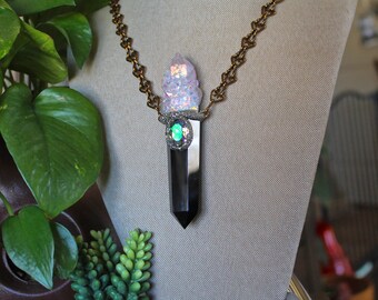 LARGE Obsidian Necklace w/ Angel Aura Spirit Quartz, Mermaid Tears Hawaii Signature Handmade Chain, Boho Jewelry, Black Crystal Necklace