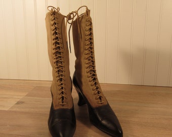 Antique leather and fabric lace up boots (early 1900s)- nice condition for age, victorian boots, vintage footwear, granny boots